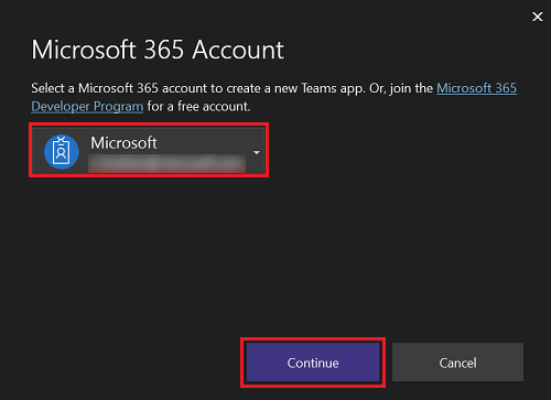 Captura de ecrã a mostrar a Conta do Microsoft 365 com a opção Continuar.